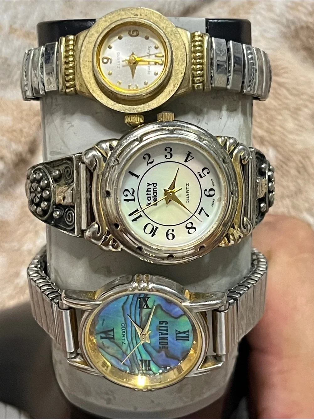 Gitano Silver-Tone Watch with Iridescent Blue-Green Abalone Dial